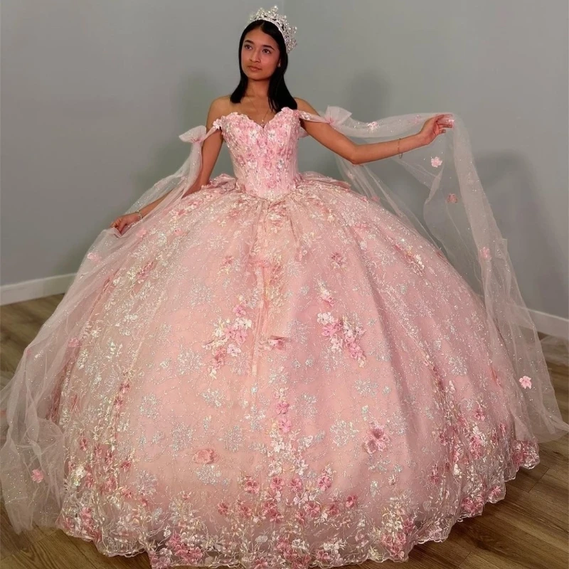 Lorencia-فستان أميرة وردي على شكل قلب ، عاري الكتفين ، مزين بالخرز ، فستان Quinceanera ، 15 سنة ، YQD277