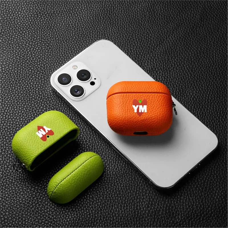 Personalisa Names Heart Luxury Genuine Lychee Leather Earphone Cases for Airpods 1&2, Airpod pro, Airpods 3, Airpod pro 2 Covers