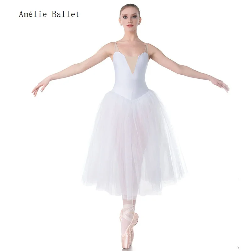 

18008 Girls & Women Ballet Dance Costume Camisole White Long Romantic Tutu with 5 Layers Long Tulle Skirt for Ballerina Dress