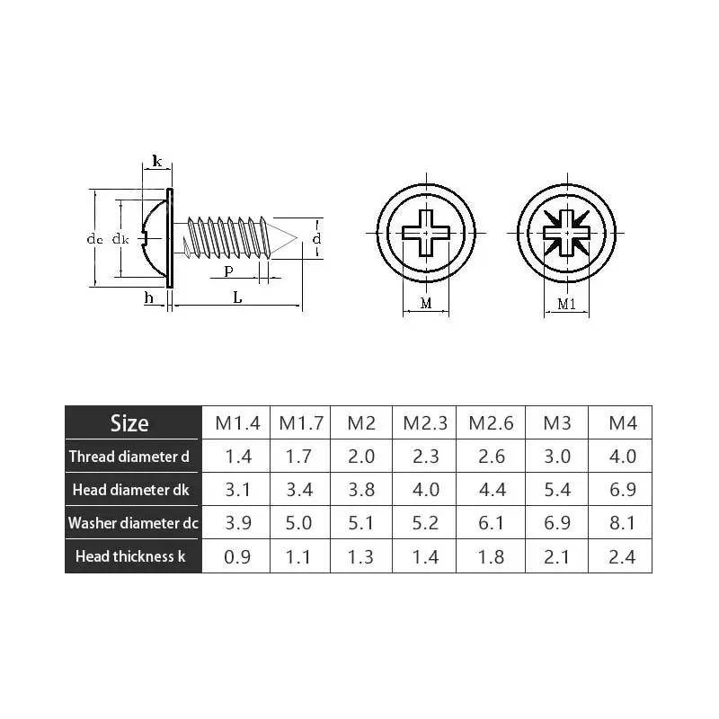 50-200Pcs M1.2 M1.4 M1.7 M2 M2.3 M2.6 M3 M4 Nickel Plated Steel Self-Tapping Screws Cross Round Head Pan Head With Pad Screw