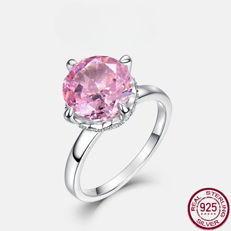 

New S925 pure silver inlaid with 10 * 10 pink pigeon egg European and American style ring and jewelry for weddings