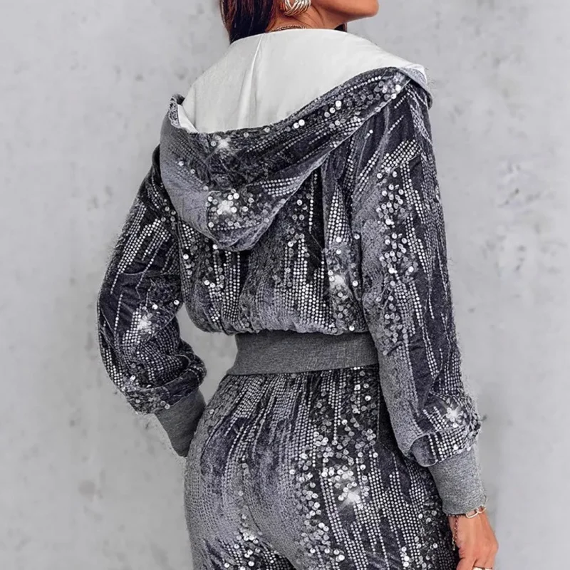 European and American fashion trend street style gray suede sequin casual hooded cardigan