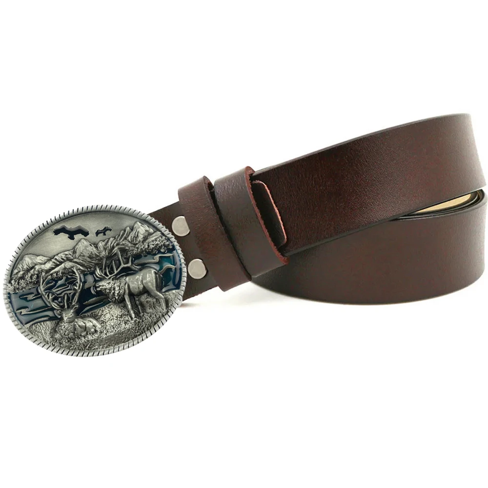 Western Cowboys Zinc Alloy Metal Deer Oval Buckle with Real Leather Belts for Men Gifts