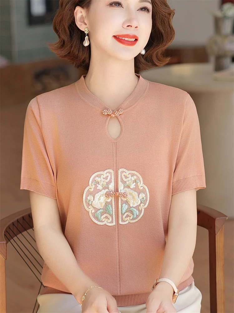 

Новая летняя женская блузка с китайской вышивкой из шелкового трикотажа, с коротким рукавом и воротником, тонкая, модная, свободного кроя, ко Дню матери