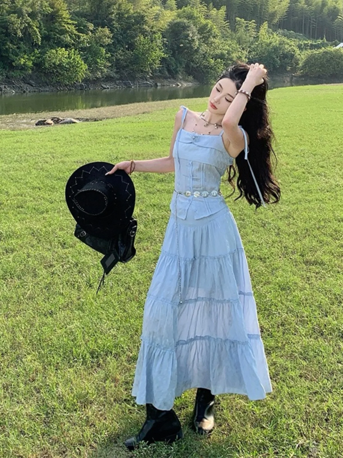 Vaion Reisoutfit Ele f Rok Set Tweedelig pak Strandfoto oot Strandrok Lange Sve Polyestervezel