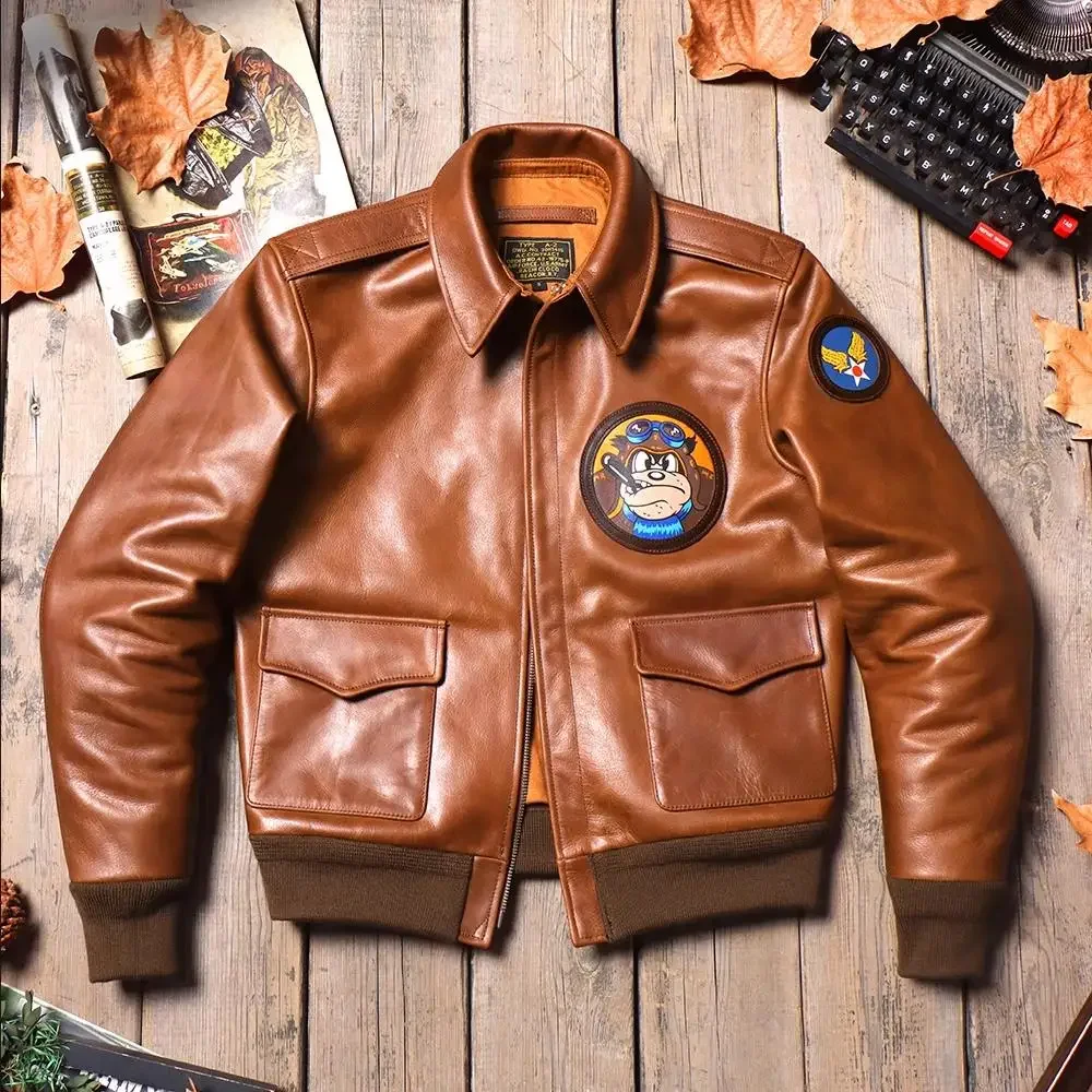 New Classical A-2 Oil Wax Cowhide Men\'s Genuine Leather Jacket Luxury Brown Excape Bomber Rider  Motorcycle Real Leather Coats
