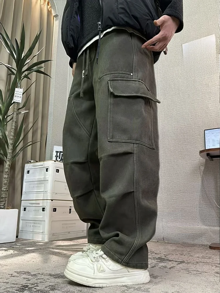 American Style Men's Casual Pants Cotton Fleece Lined Warm Workwear Wide Leg Pants Multiple Pockets Loose Fit Casual Pants