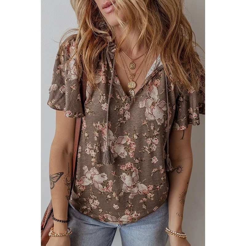 

2025 Summer Plant Flower Printed Tassel Casual T Shirt Women V Neck Short Sleeve Loose Versatile Street Commute Graphics Tees