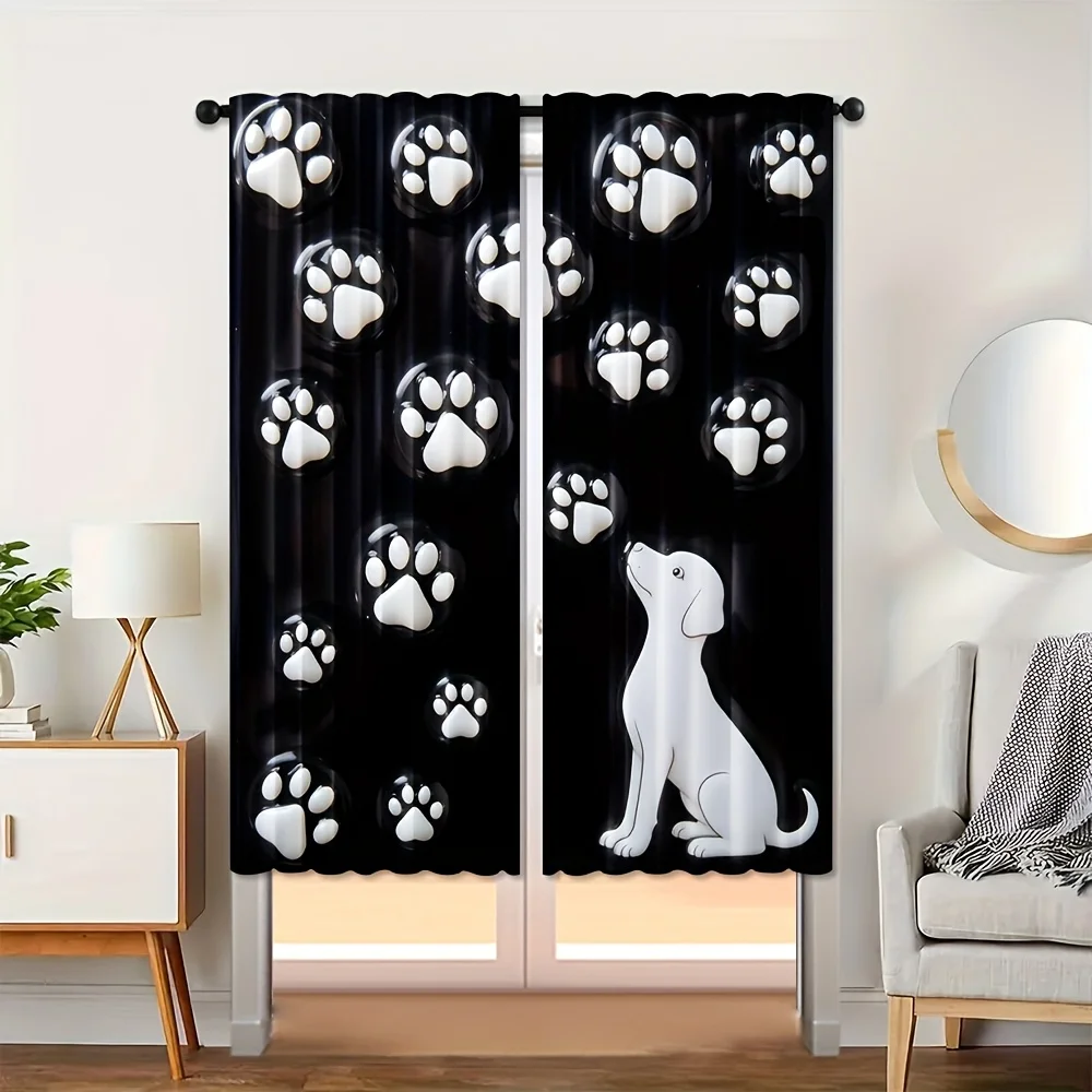 black dog paw print cartoon curtain for kids room pet lover bedroom privacy and decor polyester fabric Suitable for all seasons