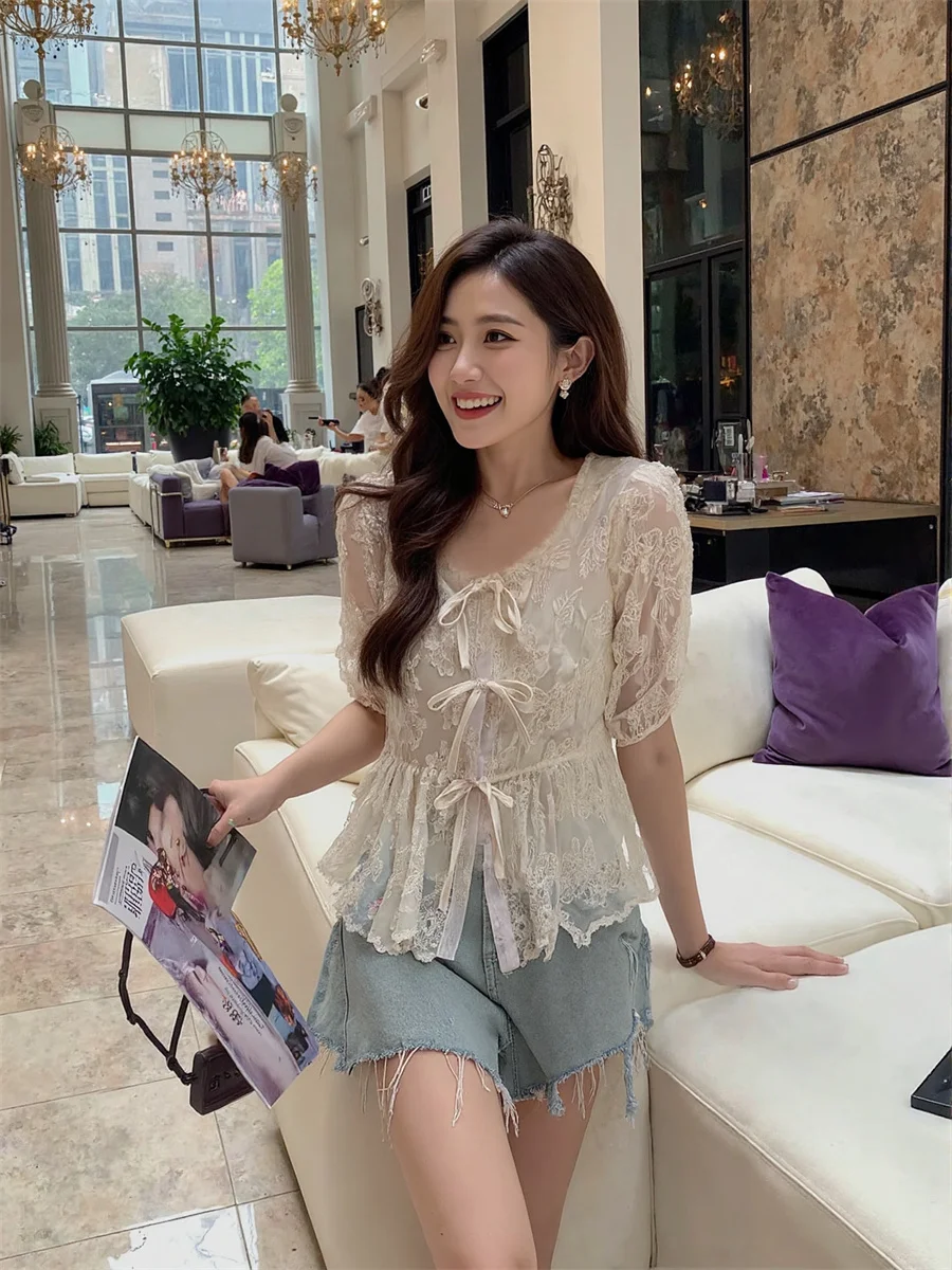 

O-Neck Puff Sleeve Shirts Woman Aesthetic Blouses Women Top Spring Cinching Stripes Nightclub Skinny Lightweight Quick Drying OL