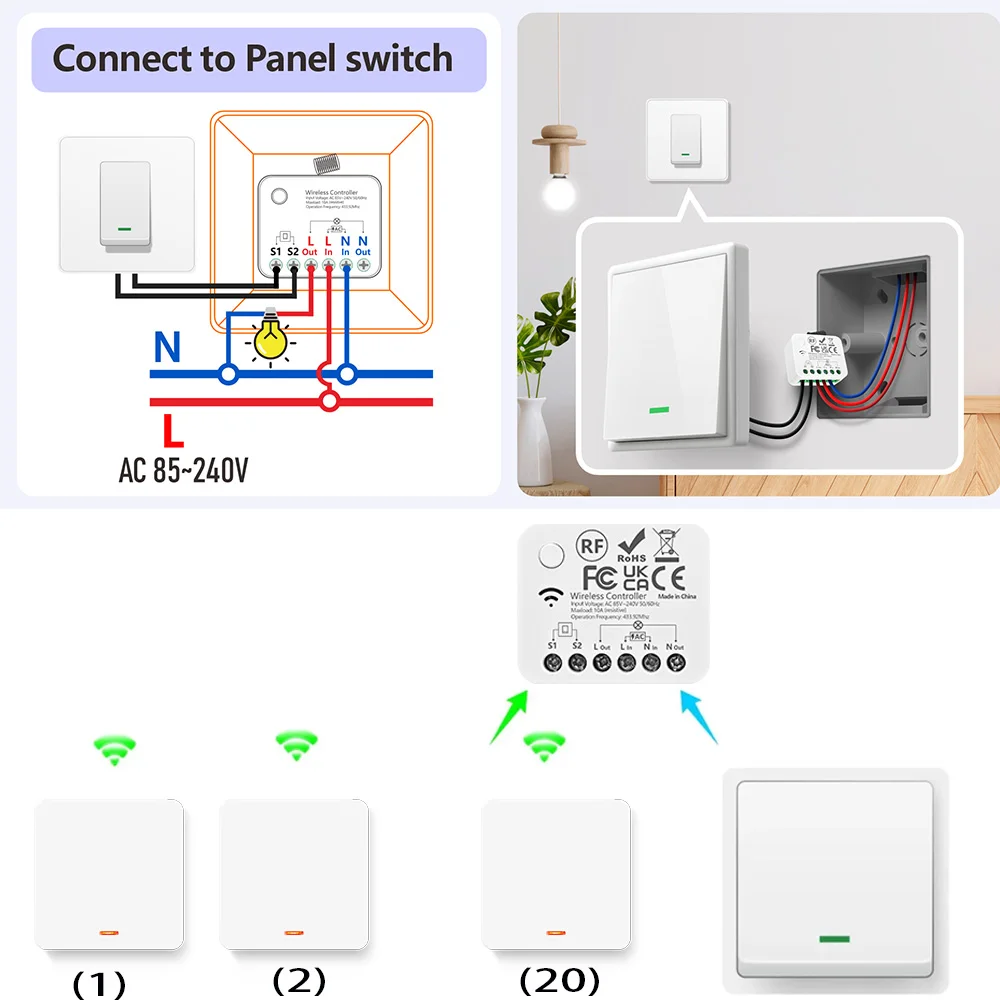 RF 433 Mhz Wireless Smart Light Switch 86 Panel Remote Control Switch AC 110V 220V 240V 10A 2200W Mini Relay Receiver for Lamp