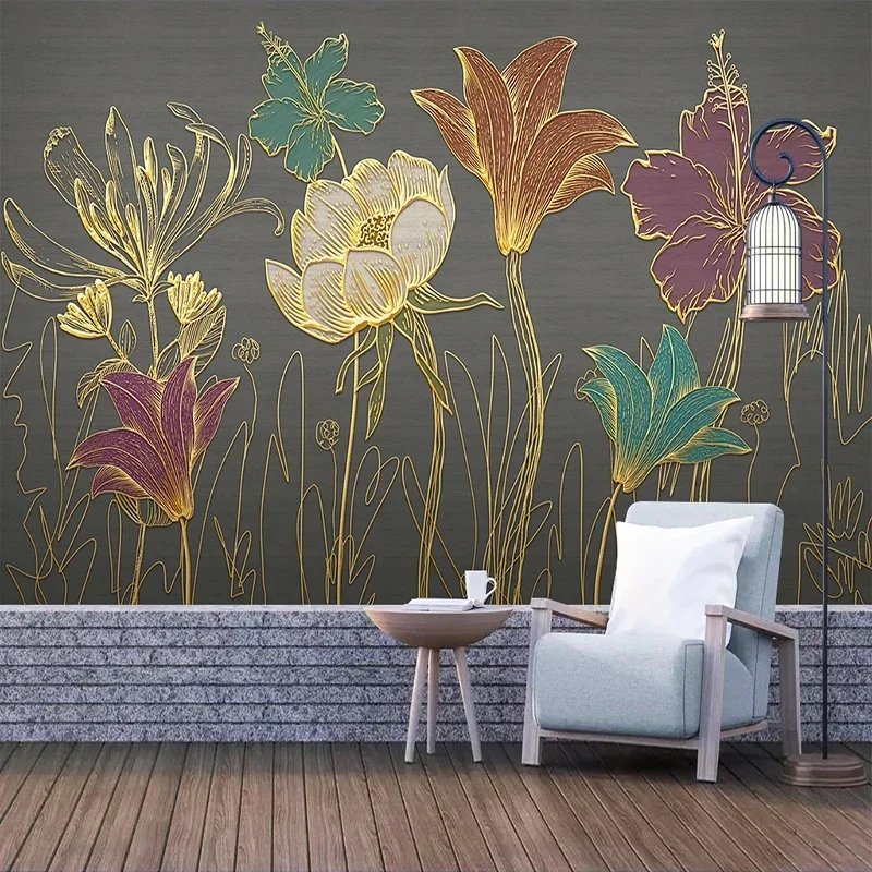 Custom 3D Wall Murals Wallpaper Luxury Golden Embossed Flower Leaves Modern Living Room Dining Room Background Photo Wall Paper