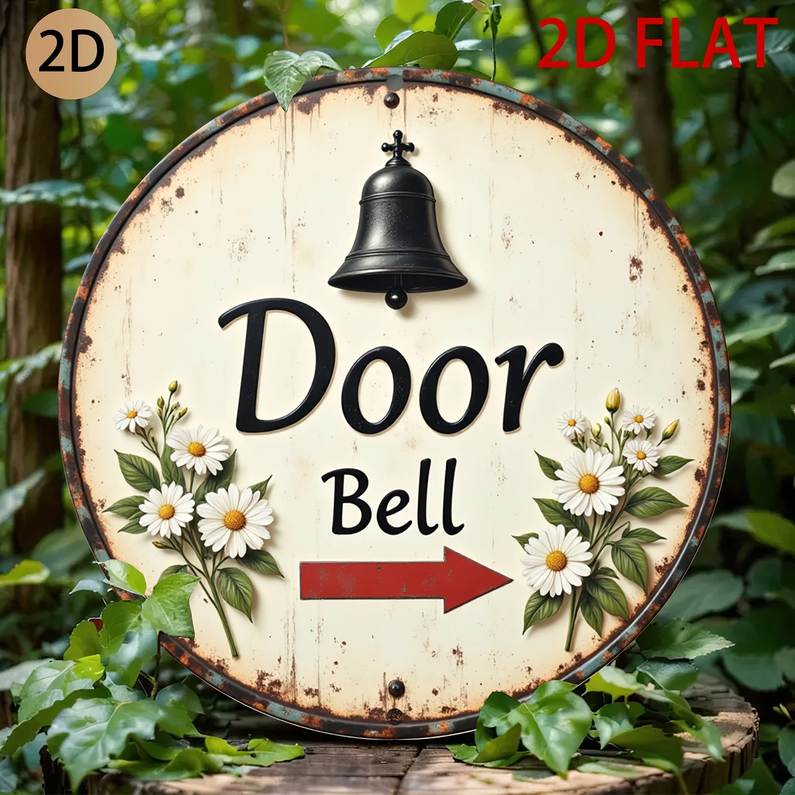 2D plane Rustic circular door bell sign with daisy motifs  tin metal design for home entryway decor, 2D Flat, Perfect for Room D