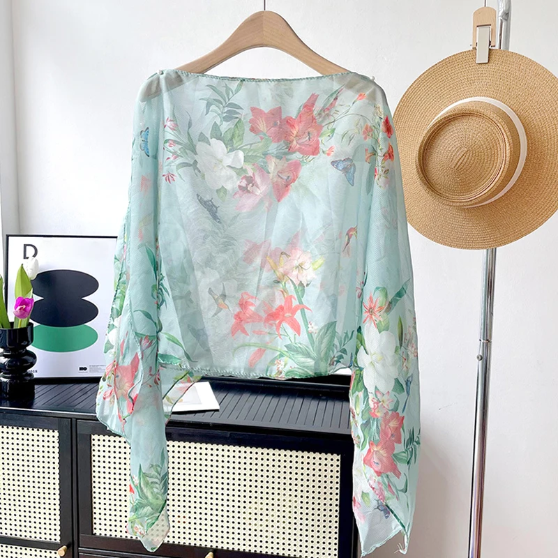 Summer Floral Print Lady Beach Shawl Holiday Sun Protection Beach Cape Elegant Thin Sunscreen UV Protection Shawl Women Clothing