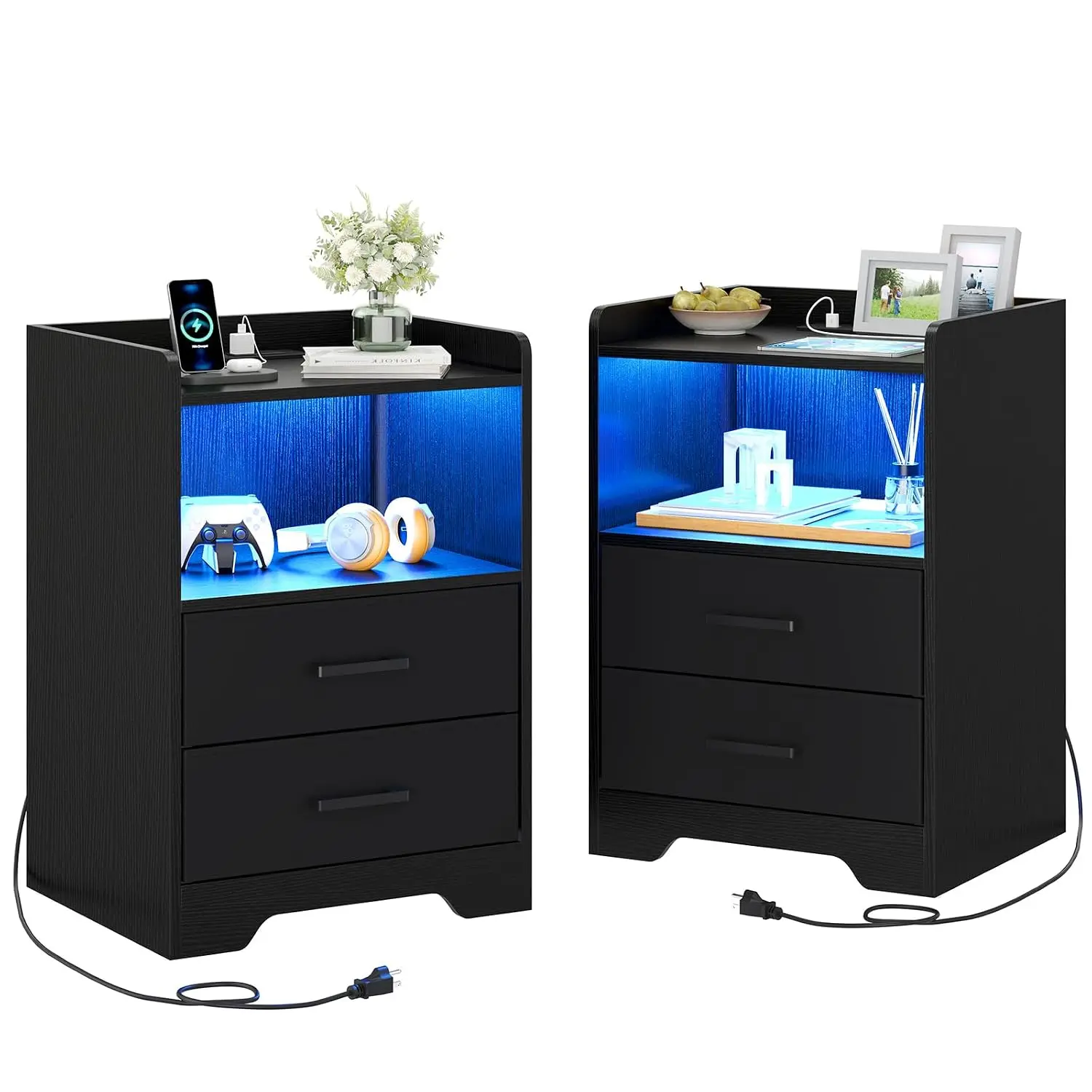 Nightstand Set of 2 with LED Light & Charging Station, Modern Bedside Table with 2 Fabric Drawers, Black Bedroom Table, Customiz