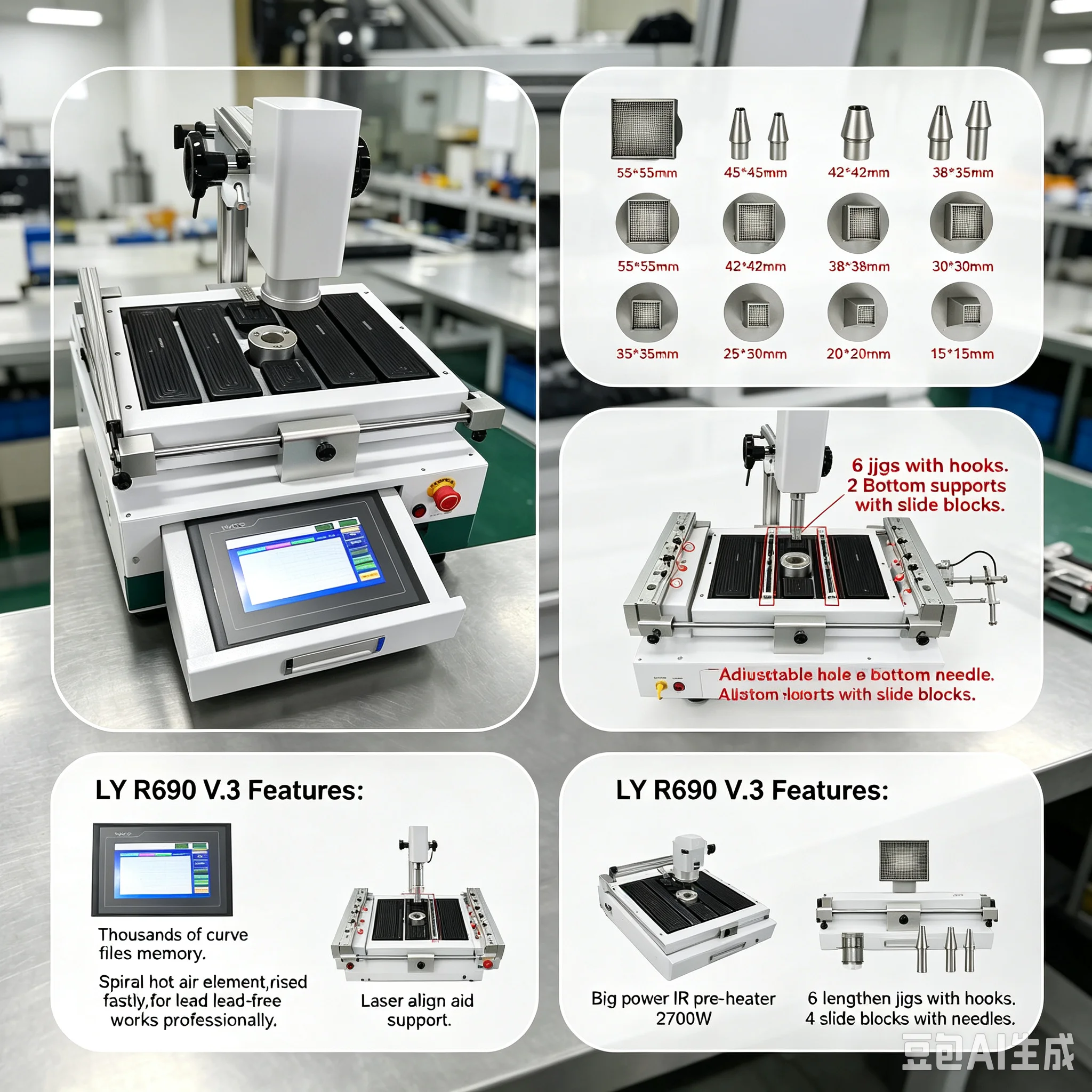 LY R690 V.3 BGA Rework Station 4300W 3‑Zones Hot Air Solder Station Touch Screen With Laser Point BGA Soldering Repair Equipment