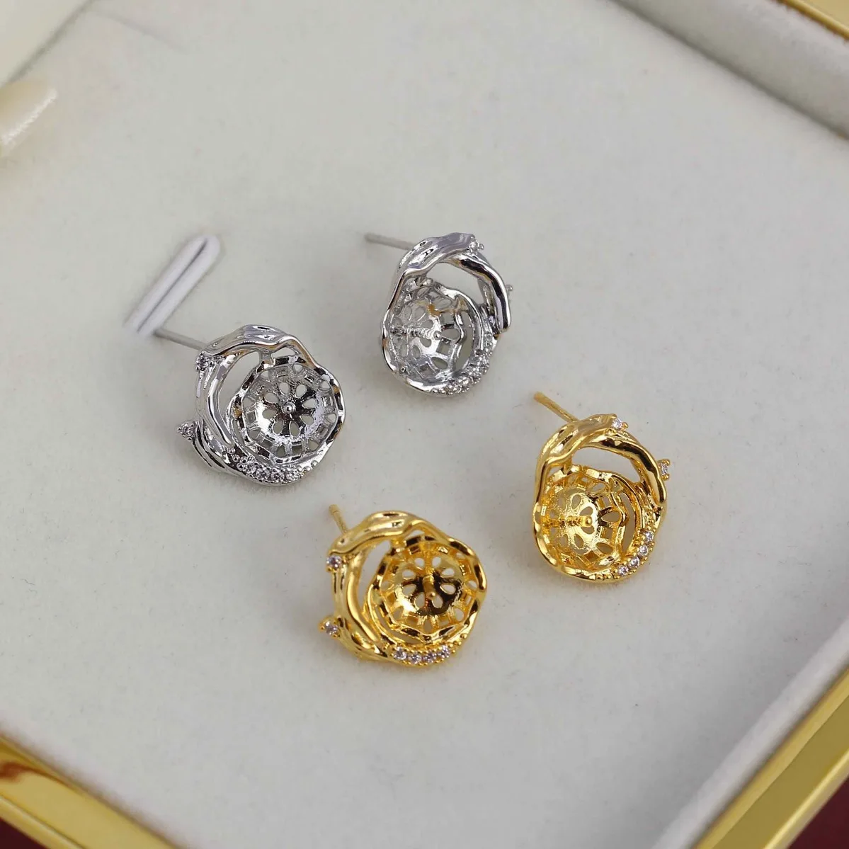 Luxurious Women Brass Gold Plated Textured CZ Blank Setting Handmade Findings For DIY Pearl Earring Versatile