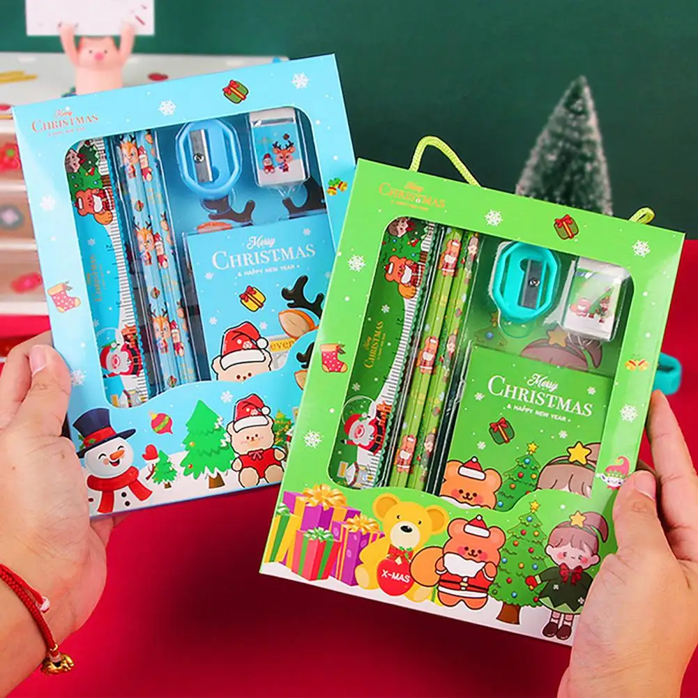 Juego de papelería de Navidad Kawaii para niños, borradores de lápices con patrón de dibujos animados, regalo familiar