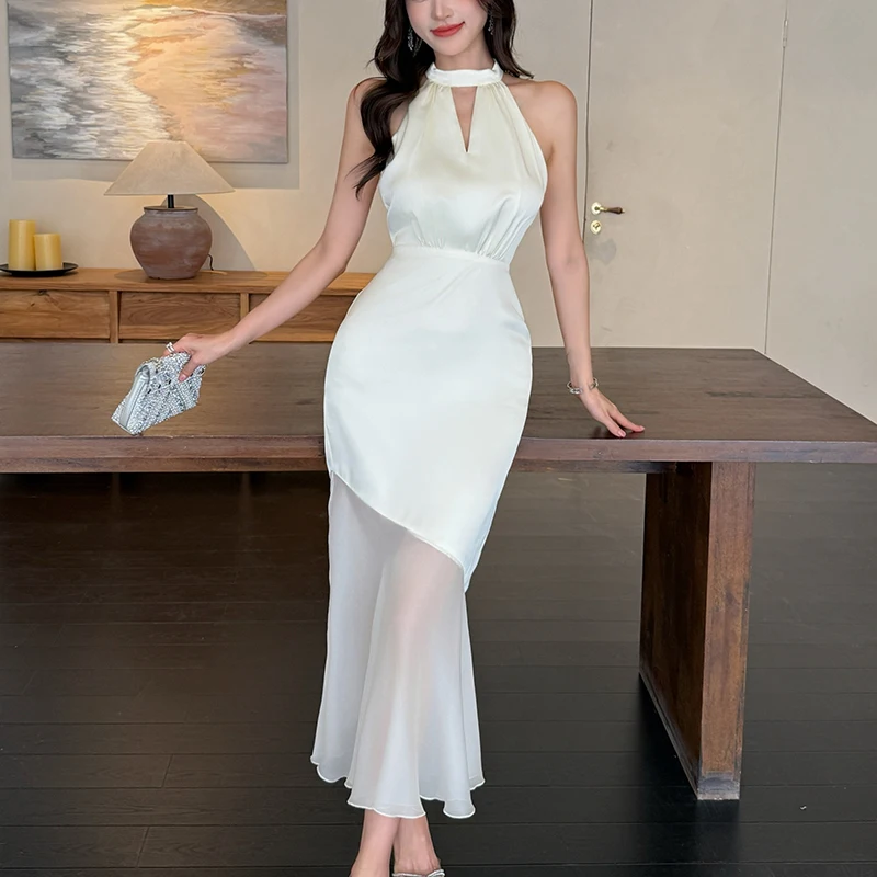 Elegantes Satin-Neckholder-Meerjungfrau-Kleid für Damen, aushöhlen, Kragen, Trompetenkleid, ärmellos, hohe Taille, transparentes Mesh-Patchwork-Kleid