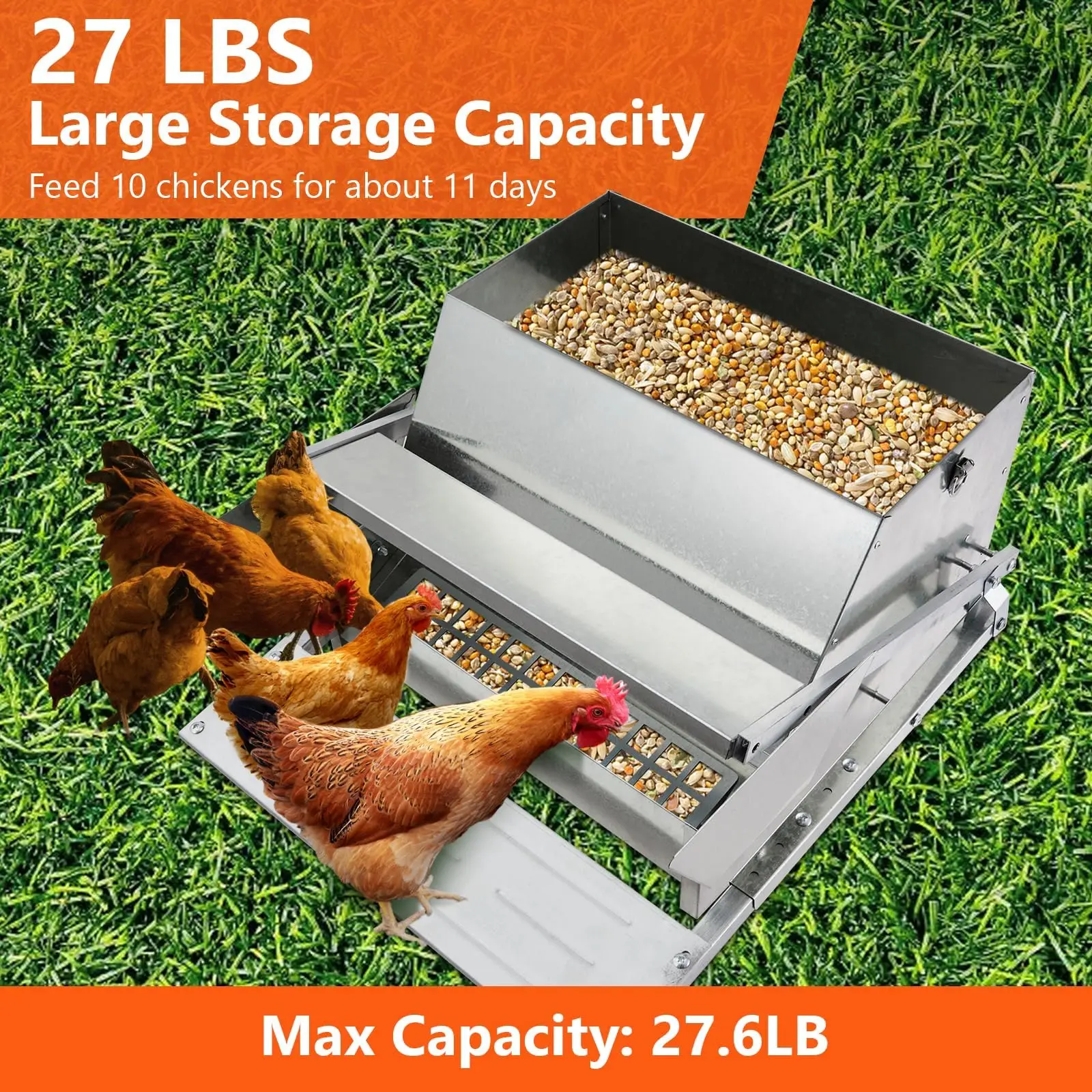 

Automatic Chicken Treadle Feeder, 27LB Galvanized Steel Poultry Feeder,Outdoor Use,No Waste,10 Chickens for 11 Days, Metal Chick