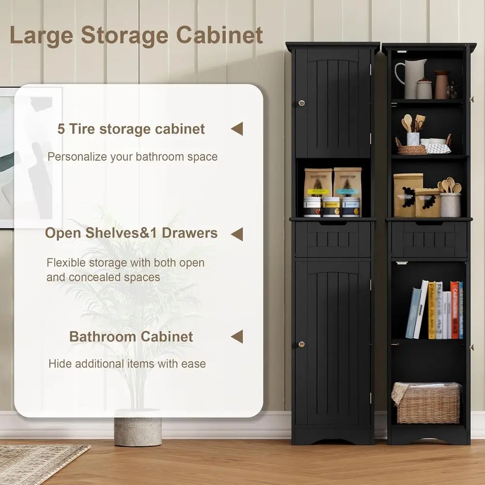 67 Hochfreistehender schwarzer Schrank mit 2 Türen und 1 Schublade für die Aufbewahrung im Badezimmer, verstellbare Regale, geeignet für Wohnzimmer und