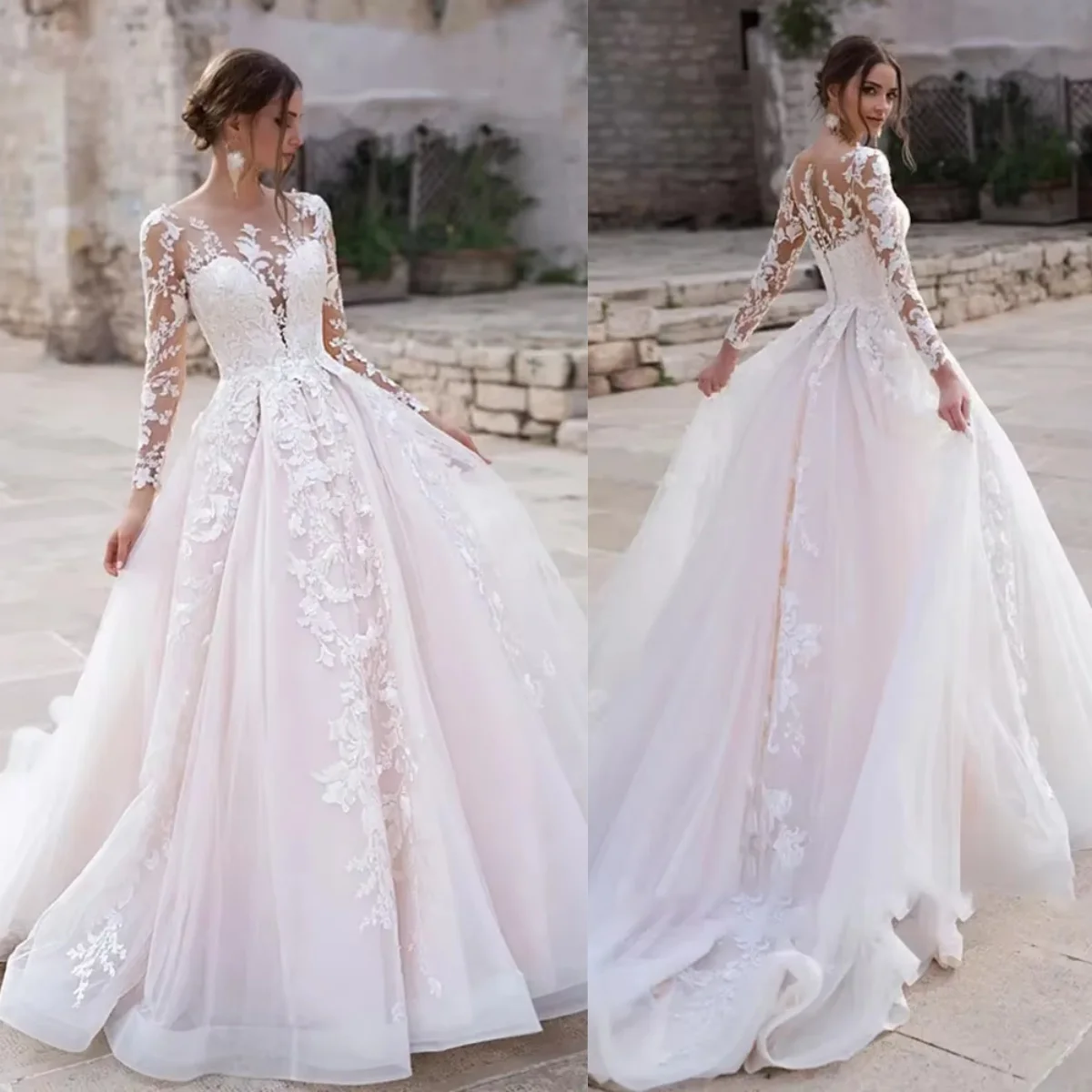 

Elegant Round Neck Long Sleeved Wedding Dress Lace Decal A-line Bridal Gown Customized High-Quality Women's Dress