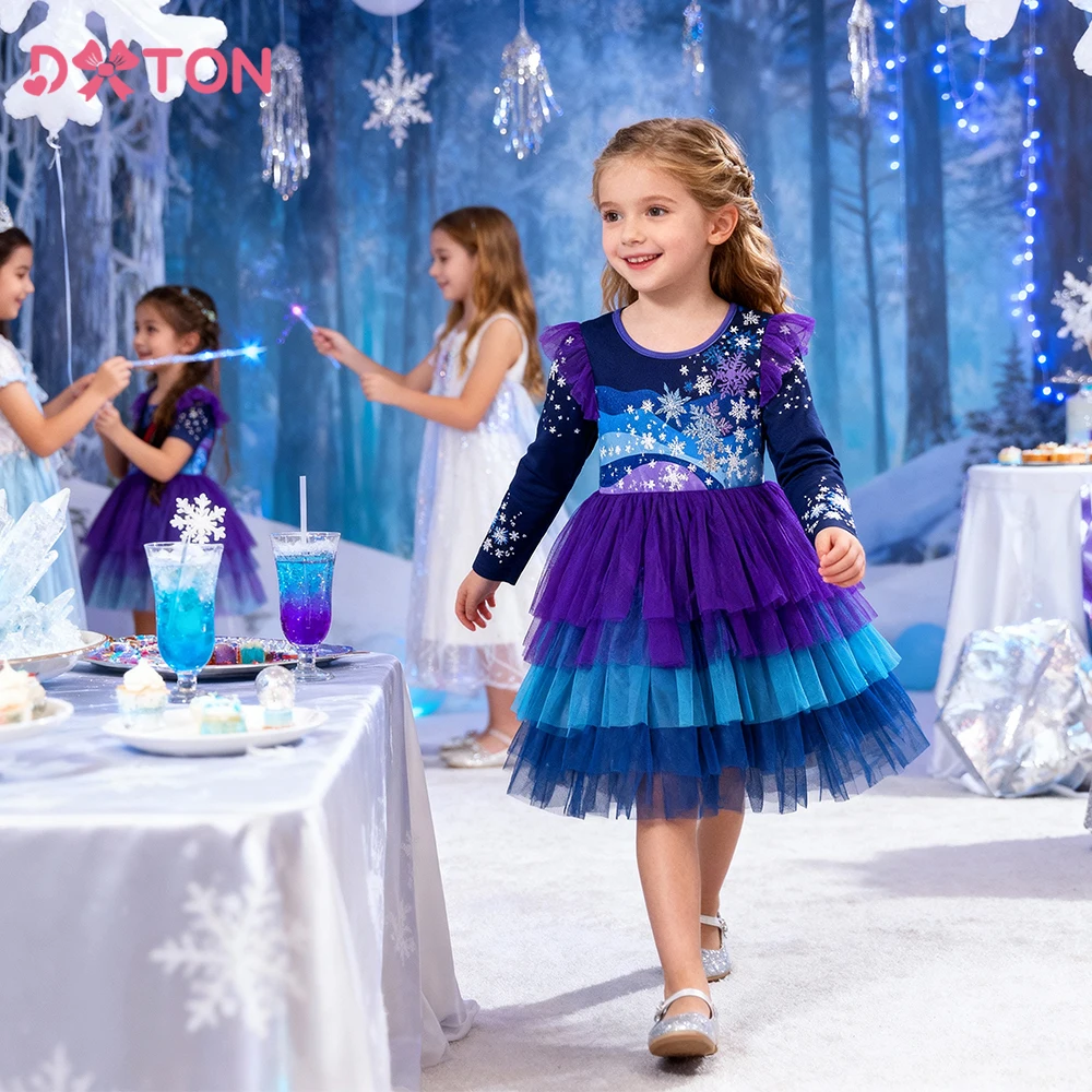 

DXTON/детское платье принцессы для девочек, зимние детские платья с принтом снежинок, многослойная тюлевая сетчатая одежда для торта, одежда для отпуска для малышей