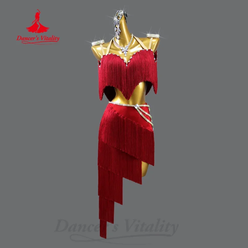 Latin Dancing Clothing Women\'s Customized Light Luxury Diamond Tassel Set Tango Rumba Samba Professional Competition Costume