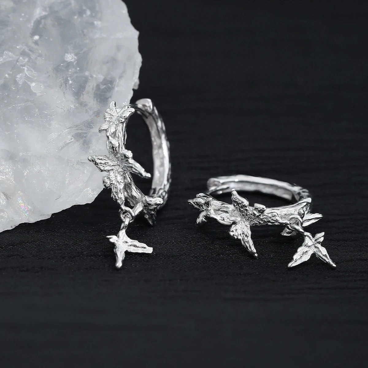 F.I.N.S Original Irregular Butterfly S925 Sterling Silver Hoop Earrings Minimalist Textured Round Piericng Ear Buckles Jewelry view 2