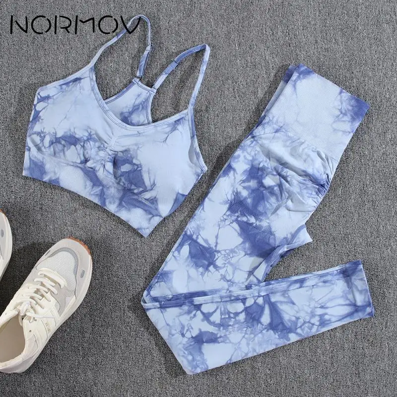 NORMOV 1/2 Piece Yoga Set Tie Dye Gym Set Sport Outfit for Woman High Waist Yoga Pants Women Gym Sets Seamless Outfits Pleated