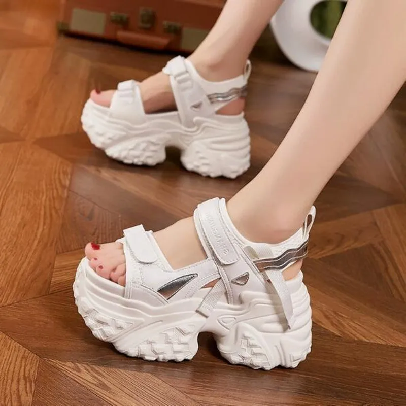 

Fashion 9CM Heels Synthetic Microfiber Leather Sandals Women High Platform Wedge Chunky Sneakers Peep Toe Slippers Beach Shoes