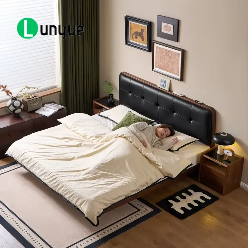 Solid Black Walnut Bed Frame Leather Upholstered Headboard Modern Simple Low Profile Wooden Bed for Bedroom Home