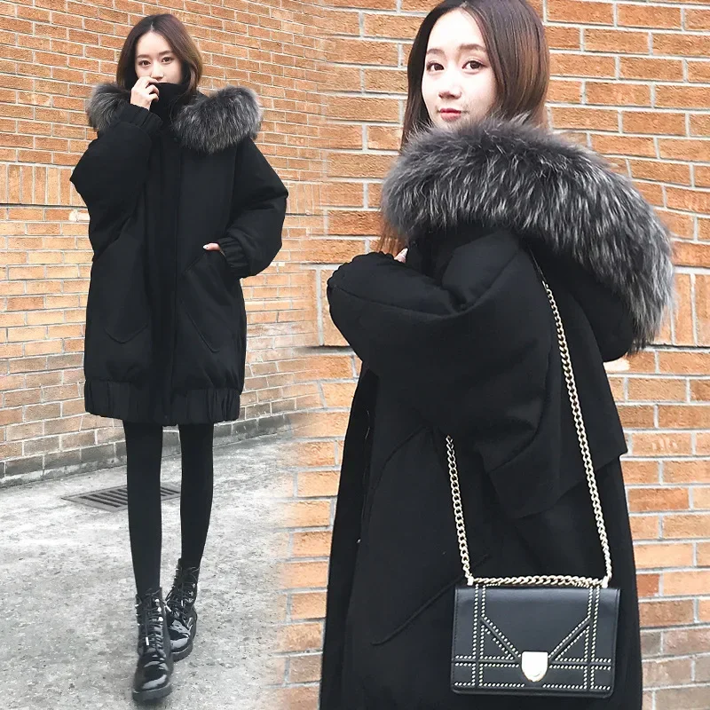 

Maternity Hooded Jacket Women Long Thickened Coats Large Fur Collar Hoodie Coat Keep Loose Thermal Windproof