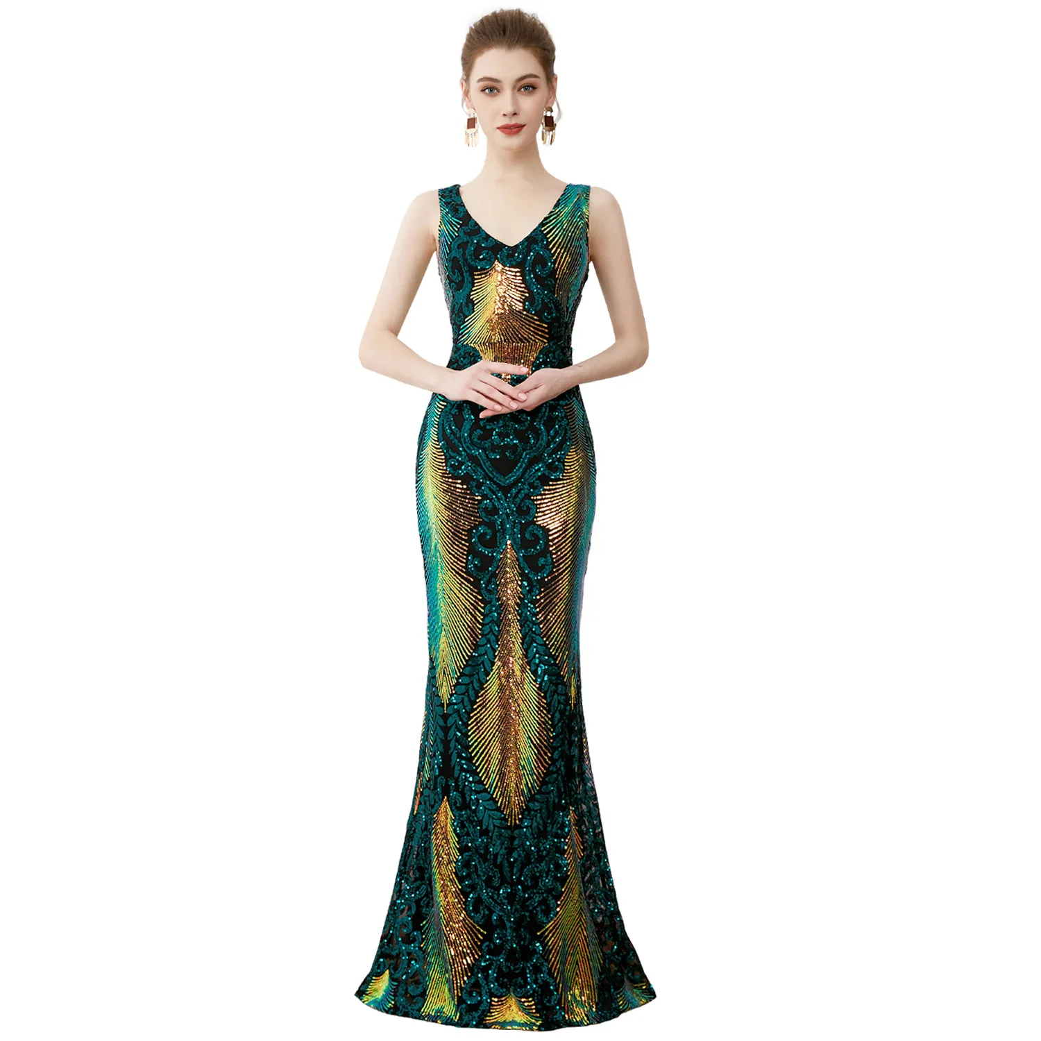 Prom Dress Elegant Sequin Vintage Fishtail Evening New Floor-Length V-Neck Etiquette Special Occasion Ladies Bridesmaid Costumes