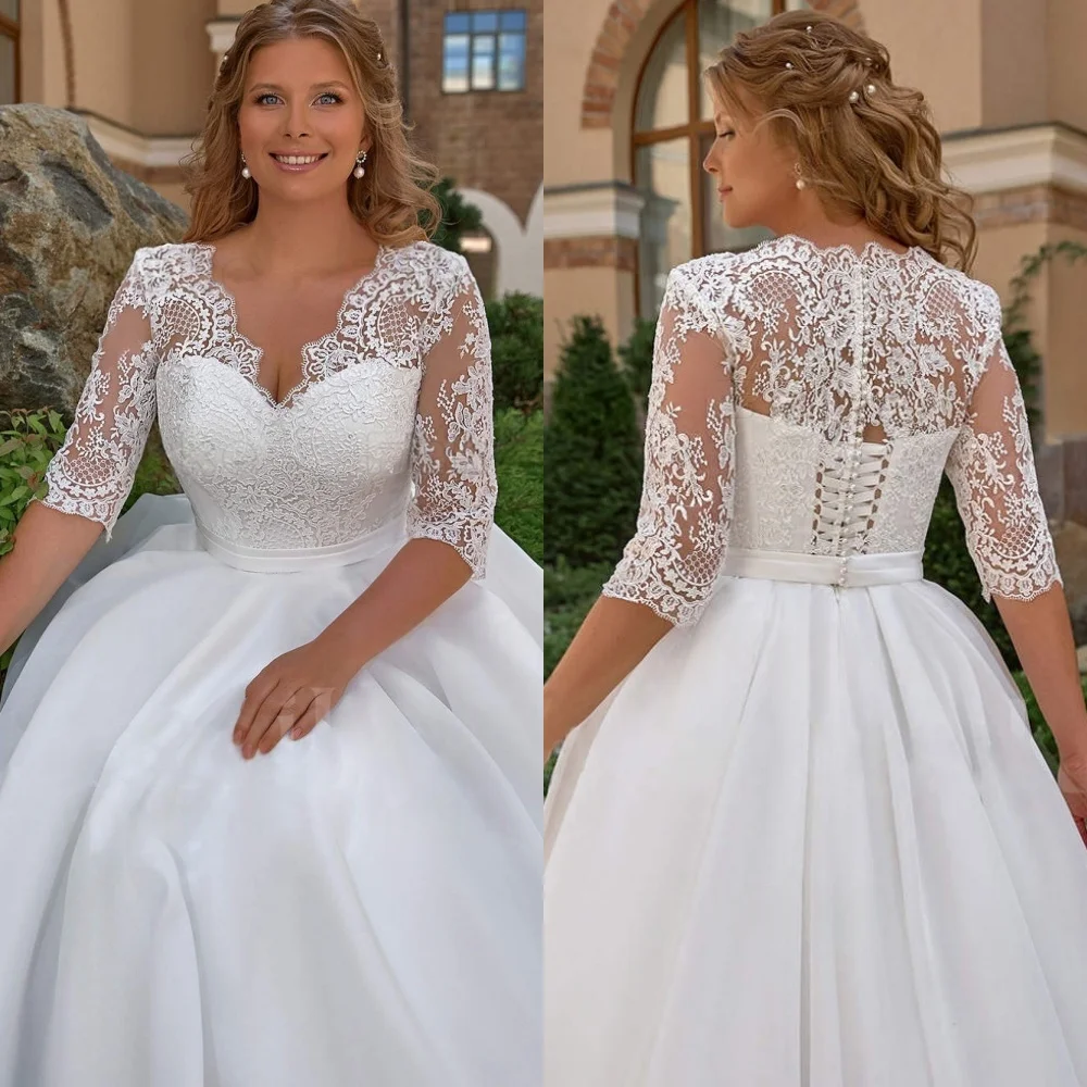 

Customized Luxury Wedding Dress Temperament V-neck Half Sleeves Lace Forest Fairy Wedding Dress Dreamy Wedding Guest Dress