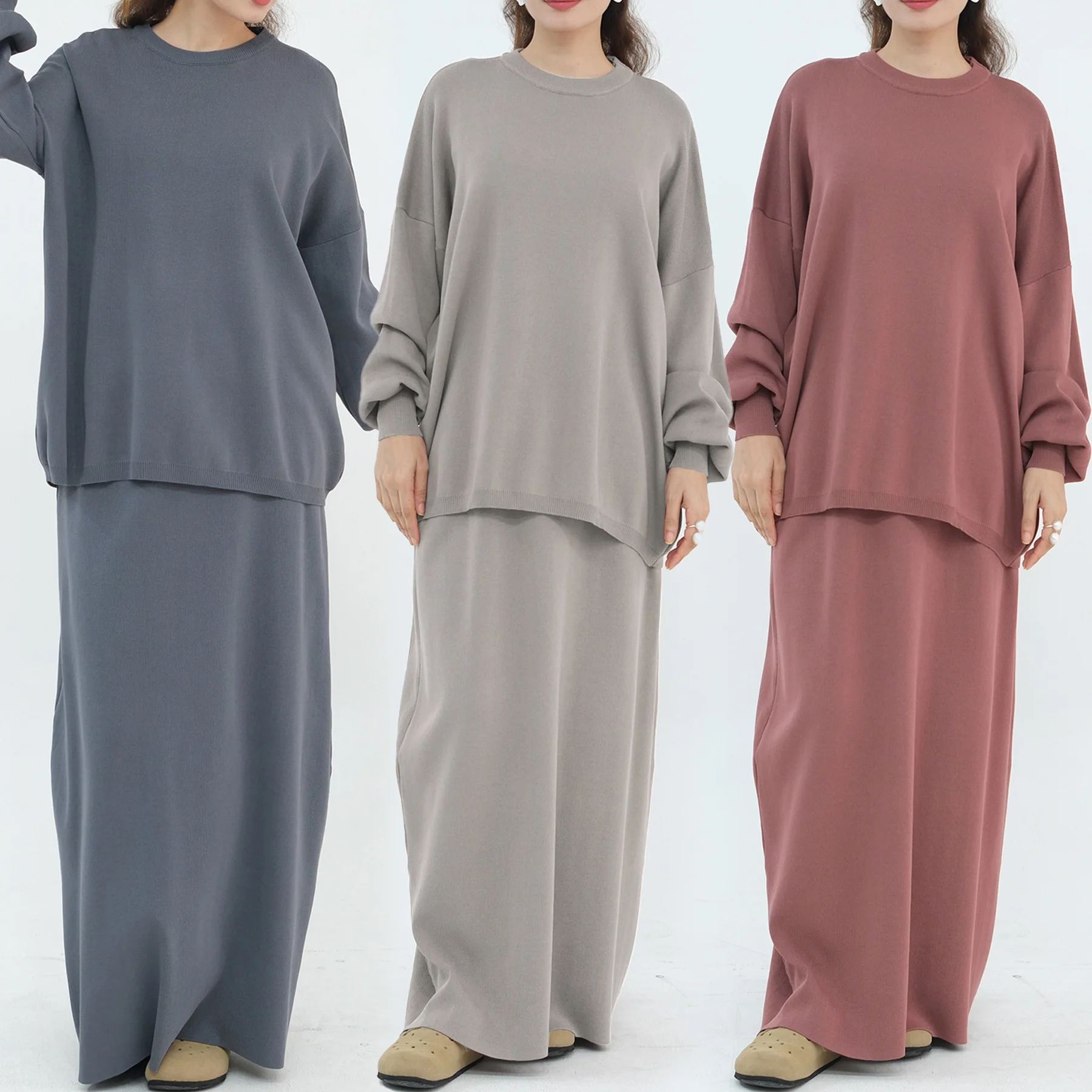 

Warm Hijabi Knitwear Sweater Set, Drop Shoulder O Neck Pullover Top + Pull-on Long Skirt, Casual Modest Islam Muslim Women Suit