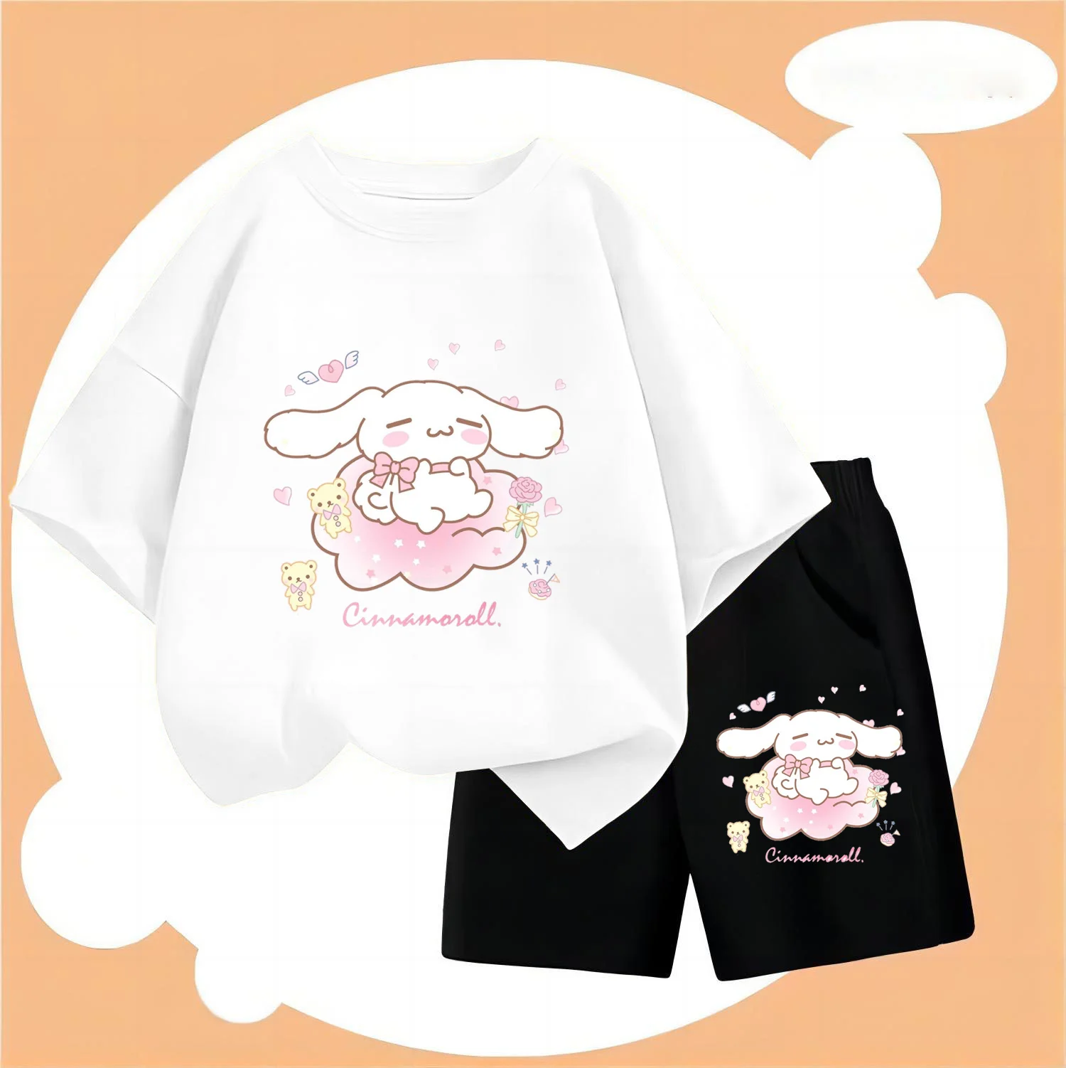 New Sanrio Kids Summer T-Shirt Shorts 2Pc/Sets Anime Kuromi Cinnamorol Cartoon Boys Girl Clothes Tracksuit Sportswear Casual