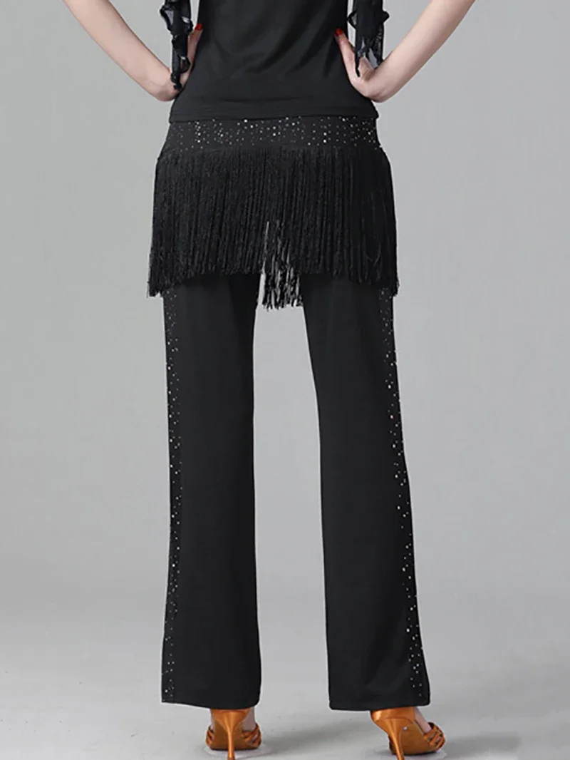 Women Latin Dance Costume Sequin Tassel Long Pants Square Dancing Sailor Guitar Dancewear Trousers Standard Ballroom Dresses