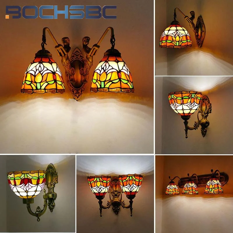 BOCHSBC Tiffany style stained glass retro tulip wall lamp for bedroom bedside lamp living room balcony aisle light LED decor