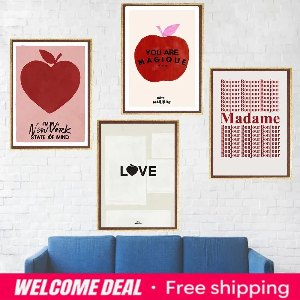 Modern Nordic Retro Art Red Love Apple Simple French Abstract Love Poster Picture Canvas Printing Home Room Decoration Painti