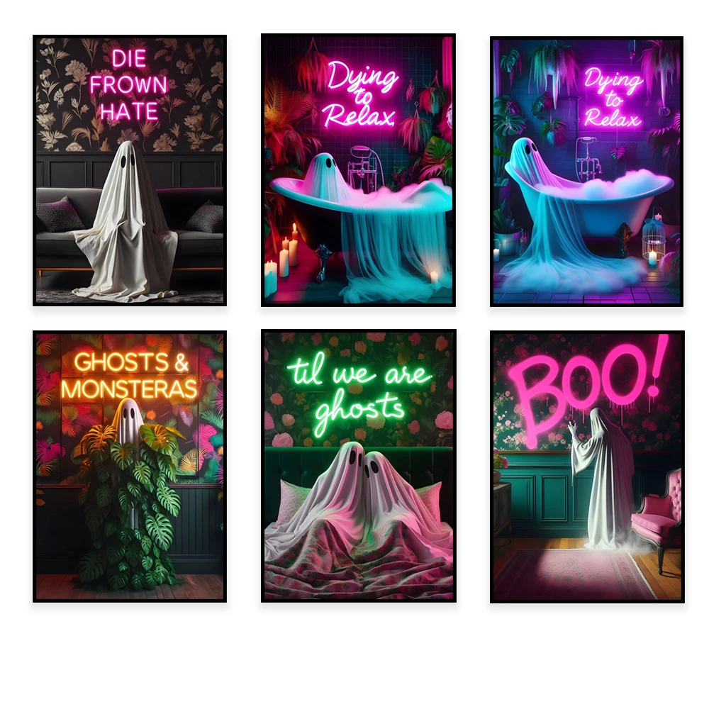 

Until we are ghosts, boo! Neon effect light ghost print, funny humorous ghost, dark aesthetic, gothic home decoration poster