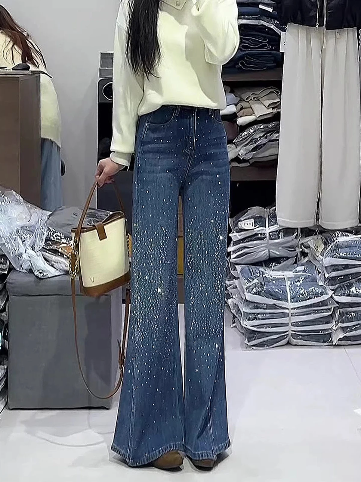 

Design Sensation Glittering Diamond Fce Lined Flared Jeans Women's Winter New Sle Slim Straight Leg High Waist Denim