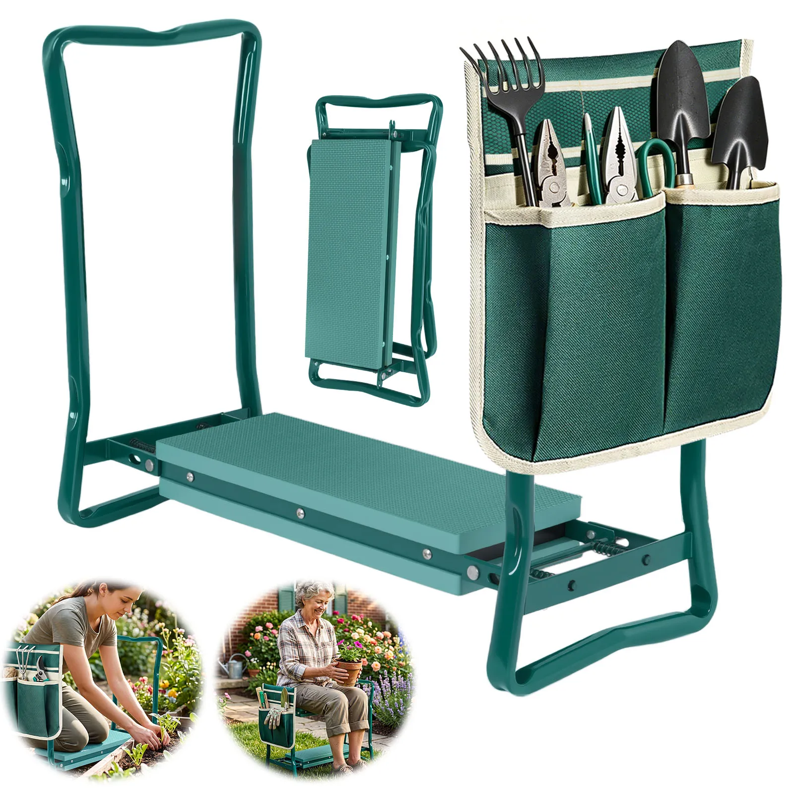 Sedia da giardino pieghevole, panca da pesca, sedia da campeggio con maniglie laterali, panca portatile e versatile per raccogliere frutta, tagliare la siepe e seminare.