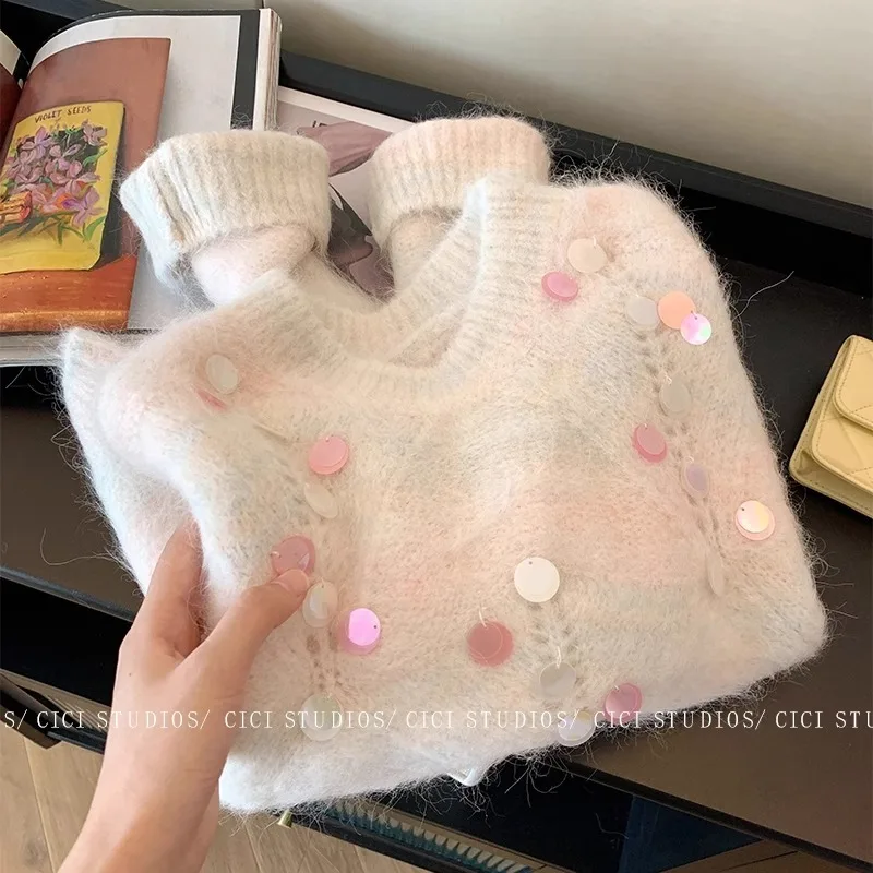 2024 Fashion Autumn Winter Soft Mohair Knitting Loose Pullovers New Sweet Women O Neck Sequins Hollow Out Thick Sweaters Jumper