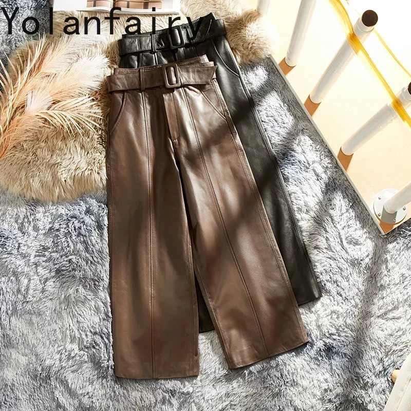 Genuine Leather Pants Women Pant High Waist Straight Pants Women Winter Pants Korean Cow Leather Trousers Streetwear Ropa Mujer