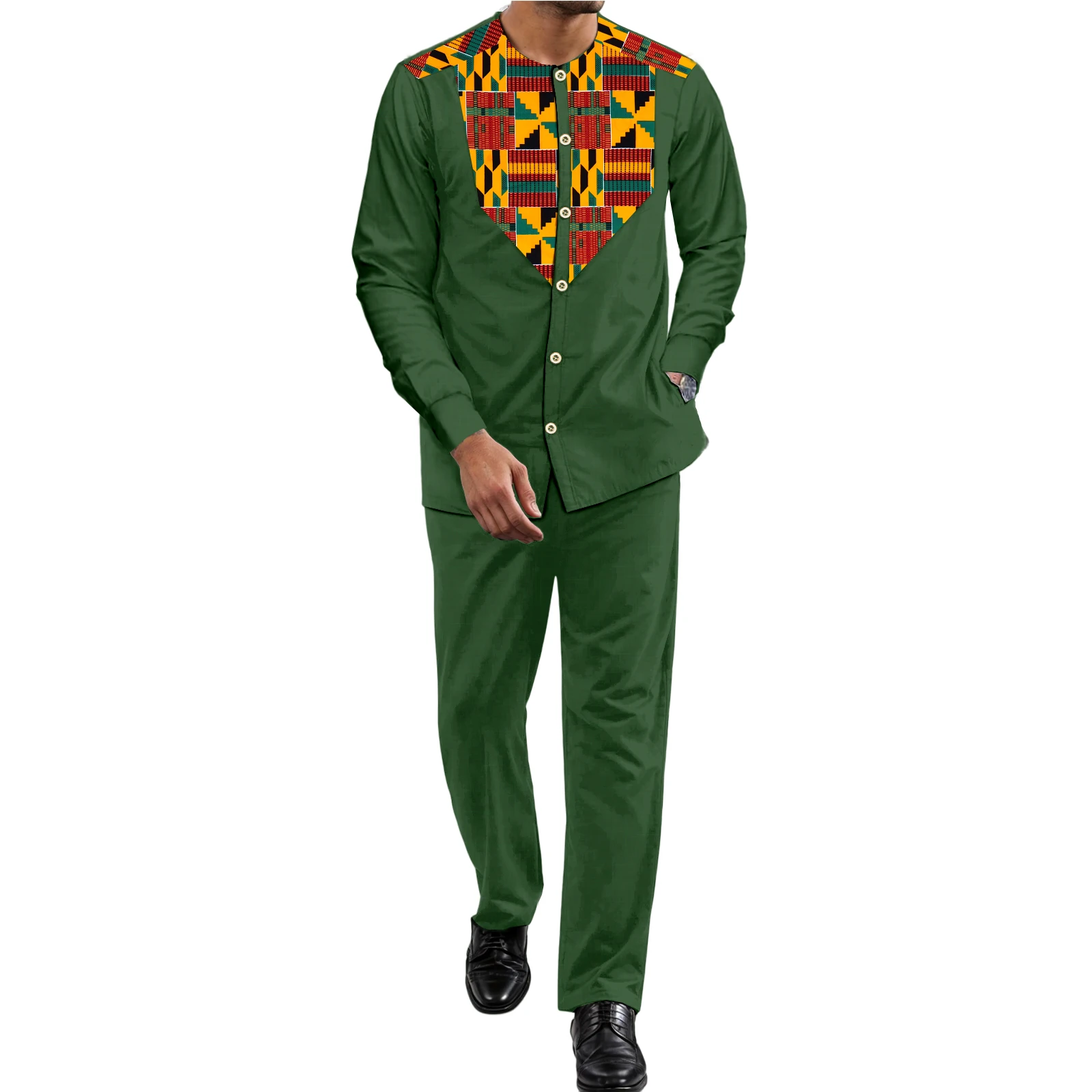 African Dashiki for Men，2 Piece Shirt Pants African Wax Fabric Patchwork Tribal Suits FF2416221 4