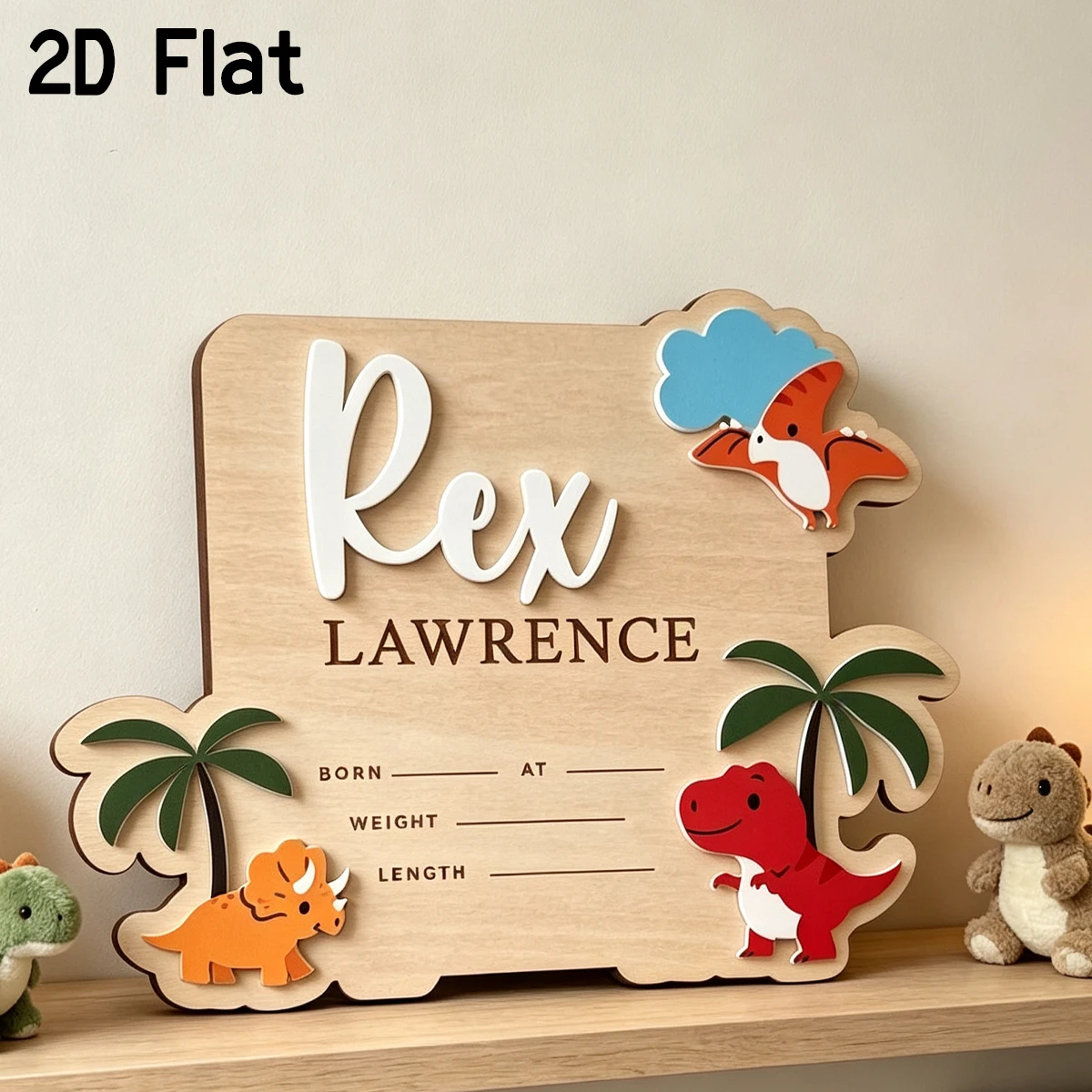 Baby Nursery Name Sign - Personalized Dinosaur Wooden Birth Announcement Sign