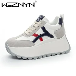 Top Quality 8cm Genuine Leather Platform Wedge Women Spring Autumn Chunky Sneakers Shoes Breathable Comfortable Vulcanize Boots