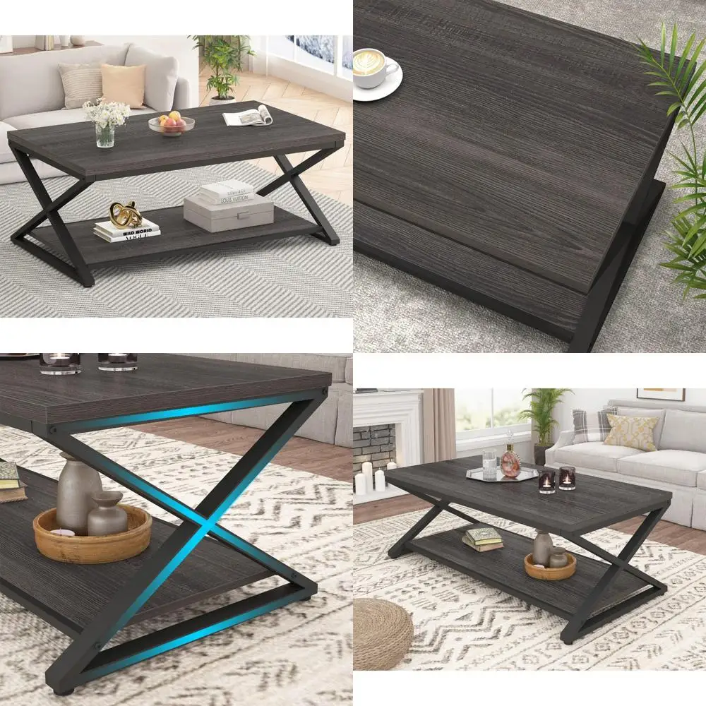 

Minimalist Rectangular Coffee Table with Storage Shelf for Living Room, Industrial Style Dark Wood and Metal Cocktail Table