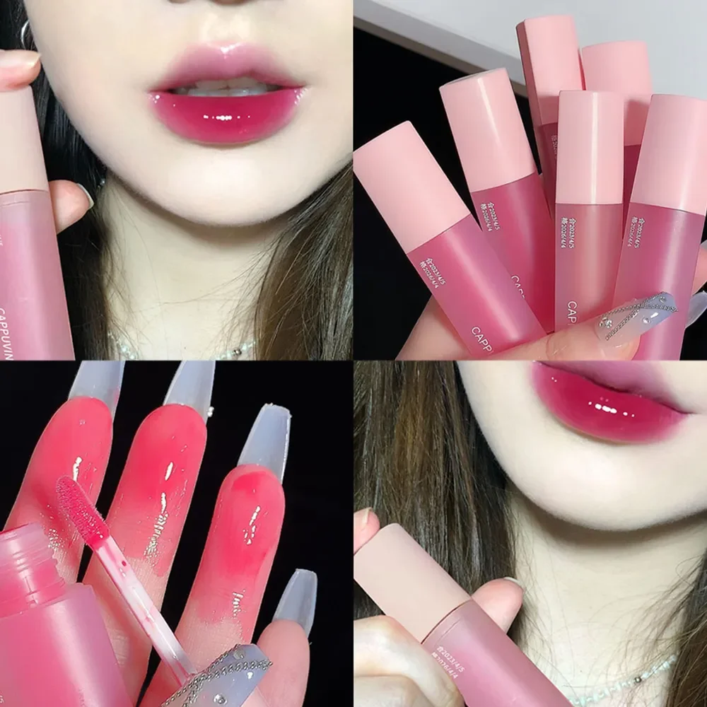 Cappuvini Pink Love Heart Design Lip Glaze Mirror Water Light Glass Transparent Lip Gloss Moisturizing Female Cute Lipstick